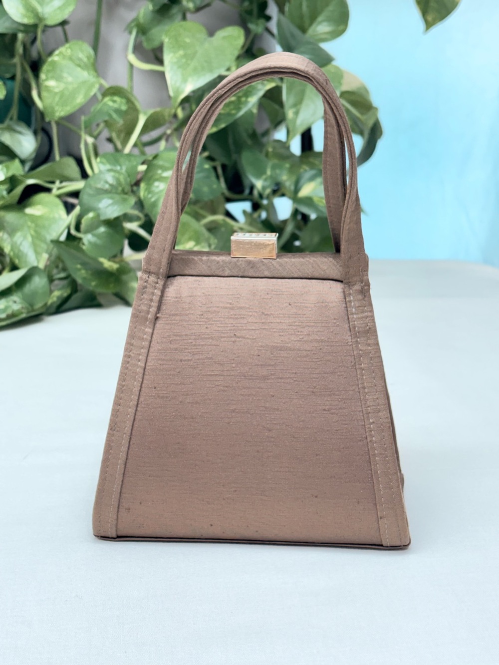 Vintage Valerie Stevens Rigid Frame Trapezoid Bag Cool Tone Taupe Brown Purse